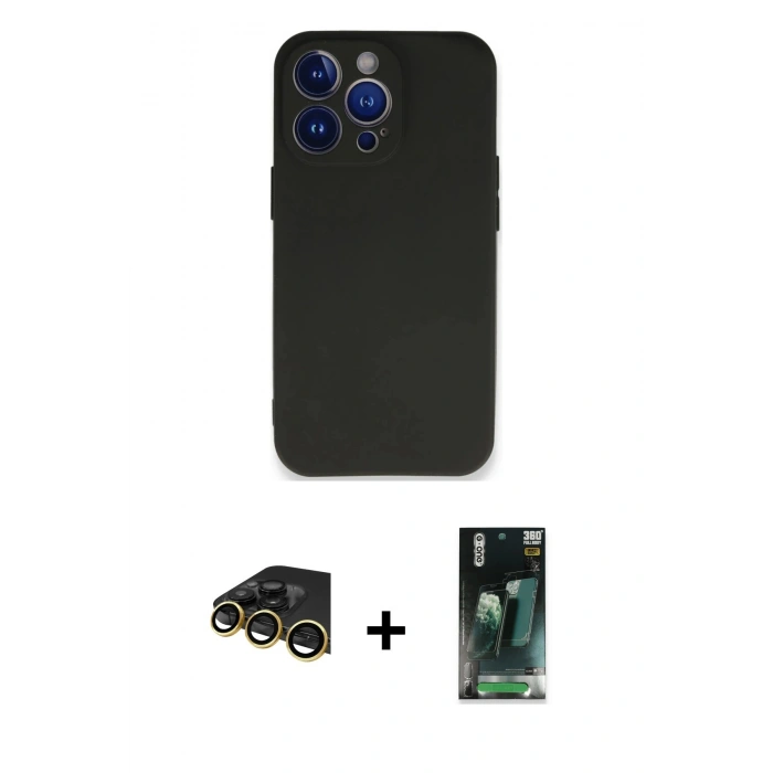 MARSİLYAN™- iPhone 14 Pro Kılıf Kozmos Yansıma Özel Seri - Siyah 360 Mat Full Body Arka Koruyucu + Raze Metal Kamera Lens - GD