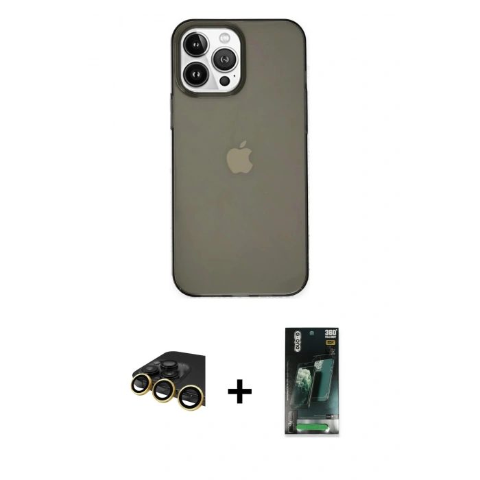 MARSİLYAN™- iPhone 14 Pro Kılıf Kutup Doku Koleksiyonu - Siyah 360 Mat Full Body Arka Koruyucu + Raze Metal Kamera Lens - GD