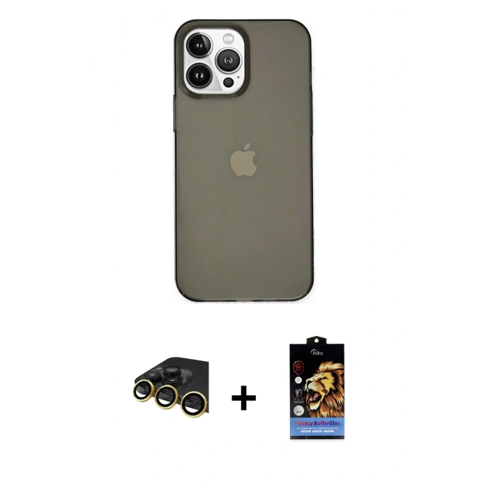 MARSİLYAN™- iPhone 14 Pro Kılıf Kutup Doku Koleksiyonu - Siyah Buffer Hayalet Cam Ekran Koruyucu + Raze Metal Kamera Lens - GD