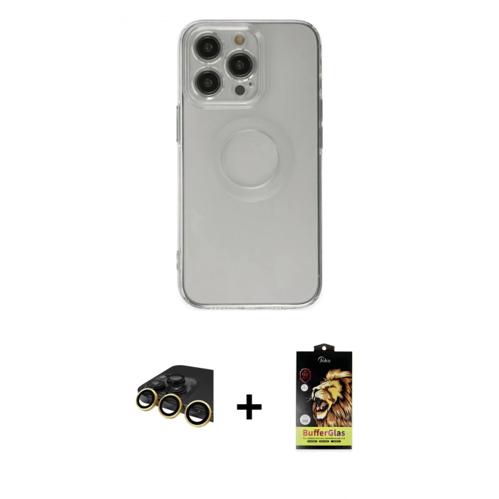 MARSİLYAN™- iPhone 14 Pro Kılıf Kutup Klasik - Siyah Buffer Cam Ekran Koruyucu + Raze Metal Kamera Lens - GD
