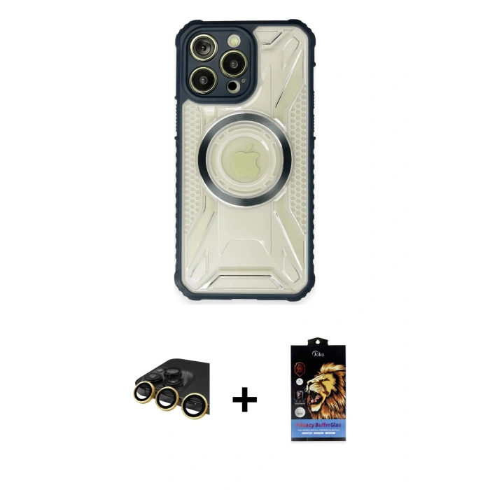 MARSİLYAN™- iPhone 14 Pro Kılıf Kutup Modern - Siyah Buffer Hayalet Cam Ekran Koruyucu + Raze Metal Kamera Lens - GD