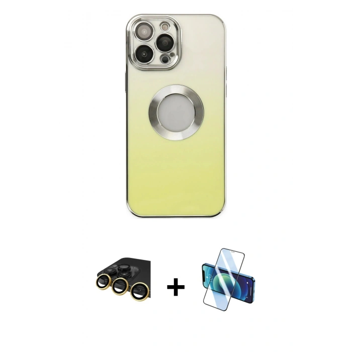 MARSİLYAN™- iPhone 14 Pro Kılıf Kutup Yansıma Özel Seri - Siyah 3D Antistatik Cam Ekran Koruyucu + Raze Metal Kamera Lens - GD