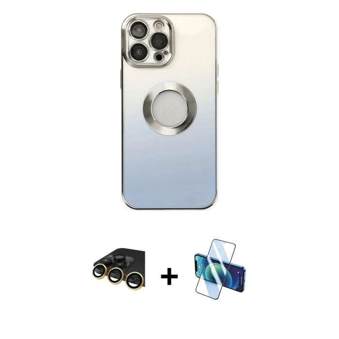 MARSİLYAN™- iPhone 14 Pro Kılıf Kutup Yansıma Özel Seri - Siyah 3D Antistatik Cam Ekran Koruyucu + Raze Metal Kamera Lens - GD