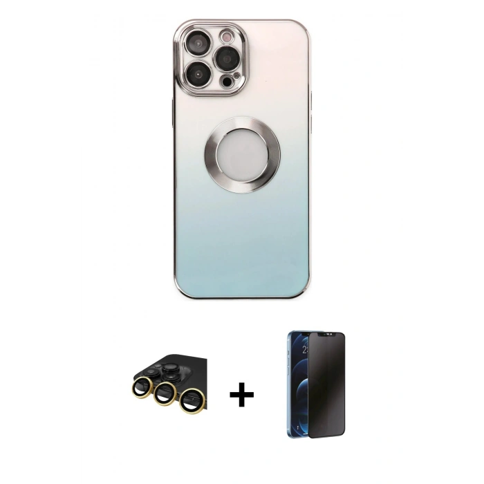 MARSİLYAN™- iPhone 14 Pro Kılıf Kutup Yansıma Özel Seri - Siyah 3D Antistatik Hayalet Cam Ekran Koruyucu + Raze Metal Kamera Lens - GD