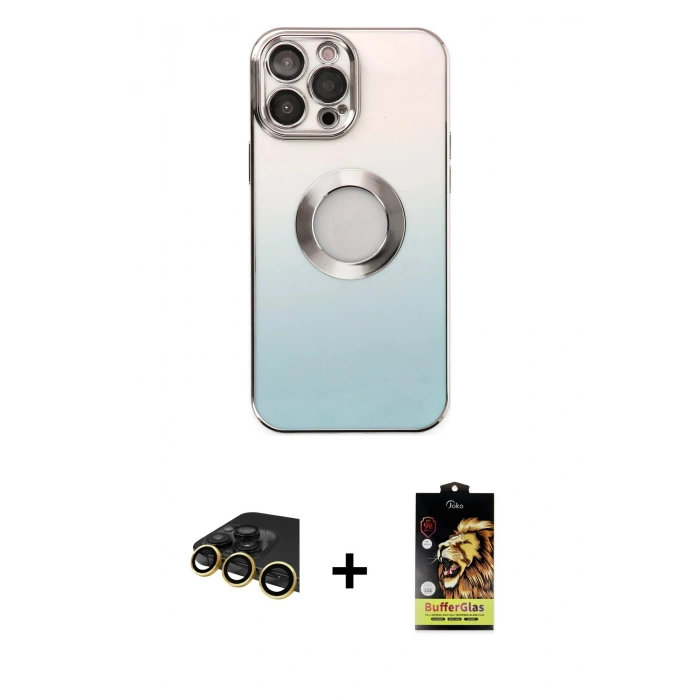 MARSİLYAN™- iPhone 14 Pro Kılıf Kutup Yansıma Özel Seri - Siyah Buffer Cam Ekran Koruyucu + Raze Metal Kamera Lens - GD