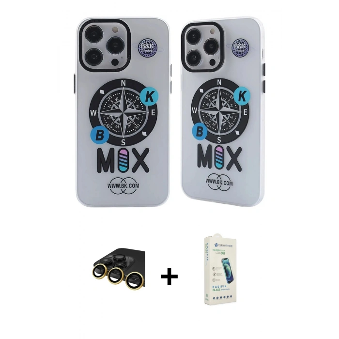 MARSİLYAN™- iPhone 14 Pro Kılıf Nova Doku Koleksiyonu - Şeffaf Pasifik Cam Ekran Koruyucu + Raze Metal Kamera Lens - GD