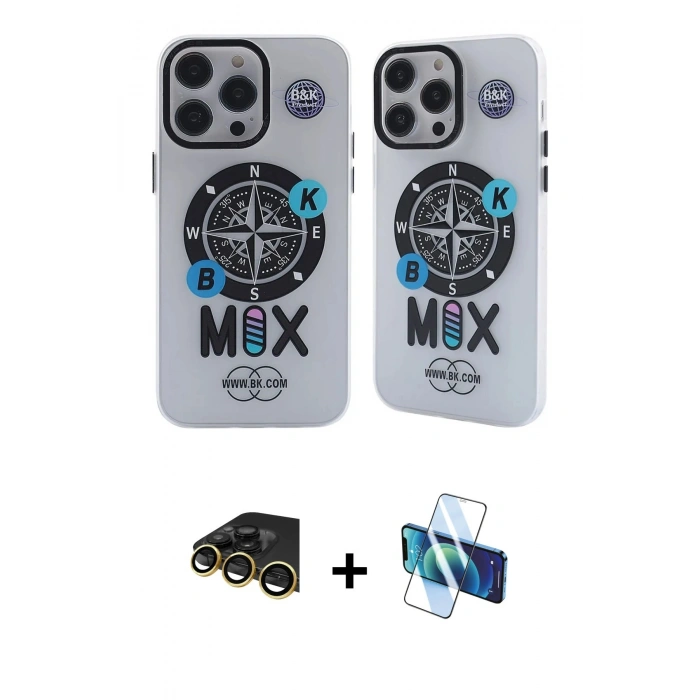 MARSİLYAN™- iPhone 14 Pro Kılıf Nova Doku Koleksiyonu - Siyah 3D Antistatik Cam Ekran Koruyucu + Raze Metal Kamera Lens - GD