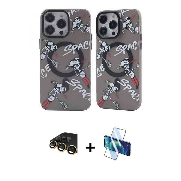 MARSİLYAN™- iPhone 14 Pro Kılıf Nova Doku Koleksiyonu - Siyah 3D Antistatik Cam Ekran Koruyucu + Raze Metal Kamera Lens - GD