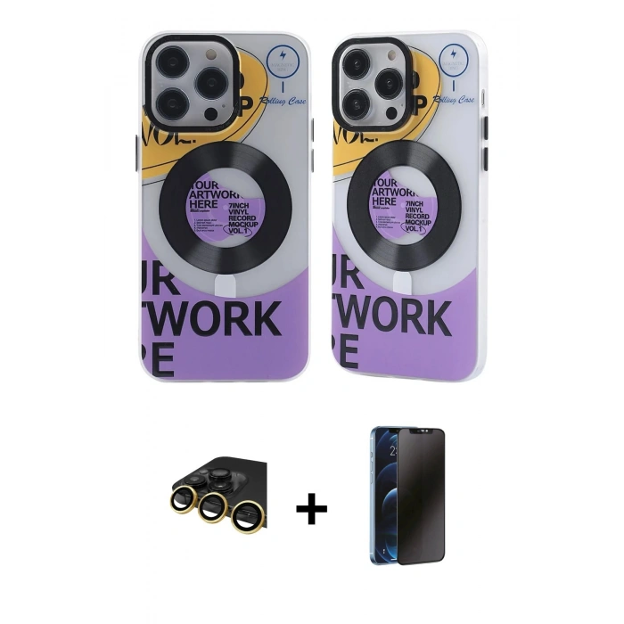 MARSİLYAN™- iPhone 14 Pro Kılıf Nova Doku Koleksiyonu - Siyah 3D Antistatik Hayalet Cam Ekran Koruyucu + Gold Raze Metal Kamera Lens