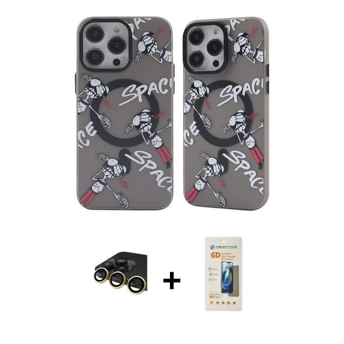 MARSİLYAN™- iPhone 14 Pro Kılıf Nova Doku Koleksiyonu - Siyah 6D Mat Seramik Hayalet Nano Ekran Koruyucu + Raze Metal Kamera Lens - GD