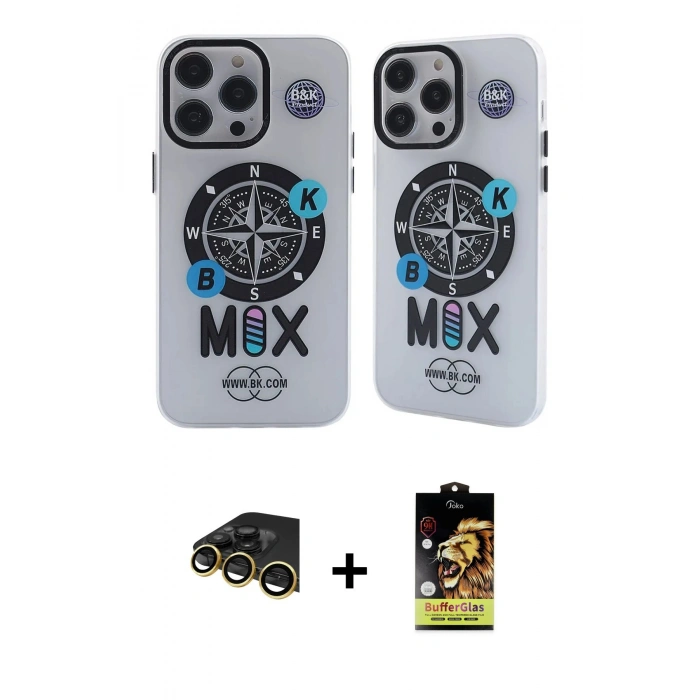 MARSİLYAN™- iPhone 14 Pro Kılıf Nova Doku Koleksiyonu - Siyah Buffer Cam Ekran Koruyucu + Gold Raze Metal Kamera Lens
