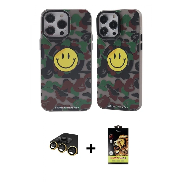 MARSİLYAN™- iPhone 14 Pro Kılıf Nova Doku Koleksiyonu - Siyah Buffer Cam Ekran Koruyucu + Gold Raze Metal Kamera Lens
