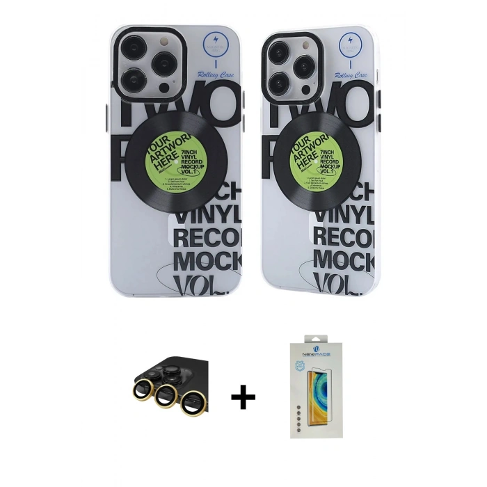MARSİLYAN™- iPhone 14 Pro Kılıf Nova Doku Koleksiyonu - Siyah Polymer Nano Ekran Koruyucu + Gold Raze Metal Kamera Lens
