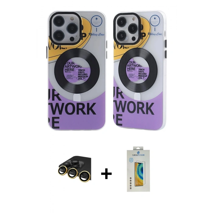 MARSİLYAN™- iPhone 14 Pro Kılıf Nova Doku Koleksiyonu - Siyah Polymer Nano Ekran Koruyucu + Gold Raze Metal Kamera Lens