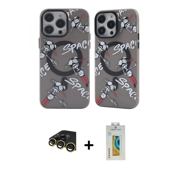MARSİLYAN™- iPhone 14 Pro Kılıf Nova Doku Koleksiyonu - Siyah Polymer Nano Ekran Koruyucu + Gold Raze Metal Kamera Lens