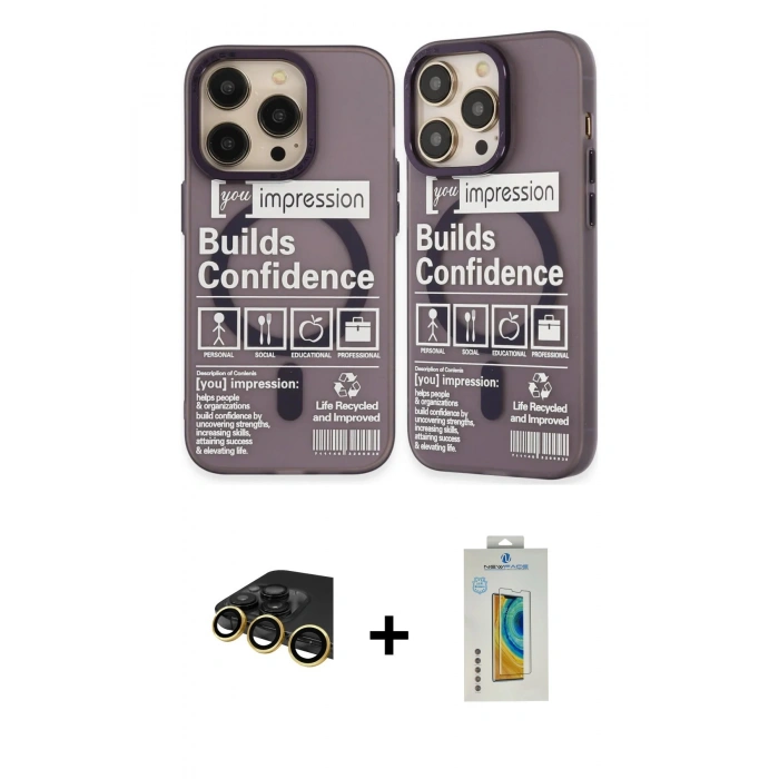 MARSİLYAN™- iPhone 14 Pro Kılıf Nova Doku Koleksiyonu - Siyah Polymer Nano Ekran Koruyucu + Gold Raze Metal Kamera Lens