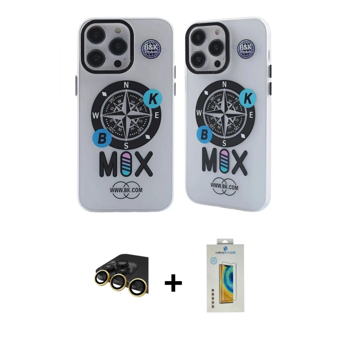 MARSİLYAN™- iPhone 14 Pro Kılıf Nova Doku Koleksiyonu - Siyah Polymer Nano Ekran Koruyucu + Gold Raze Metal Kamera Lens