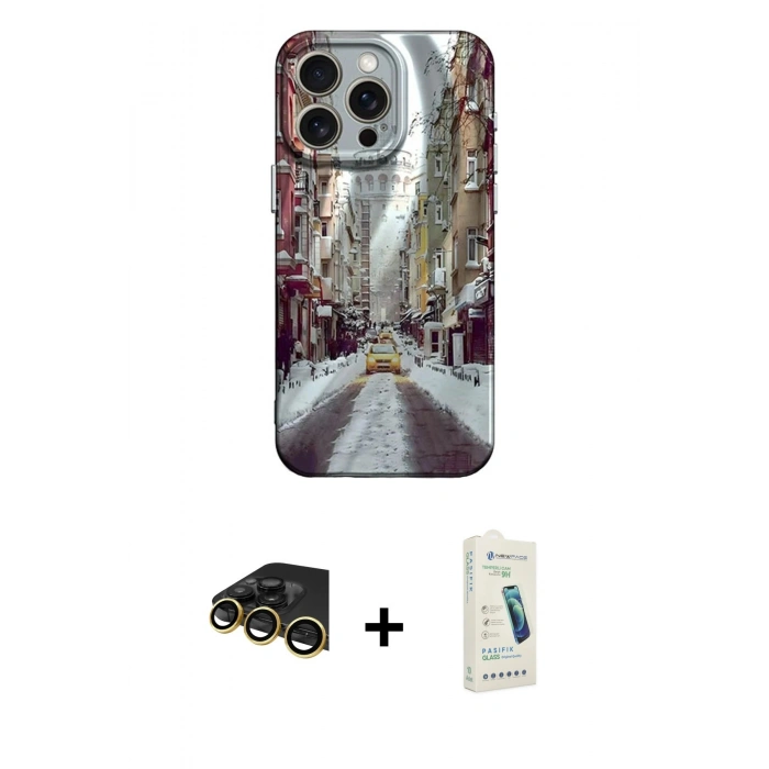 MARSİLYAN™- iPhone 14 Pro Kılıf Nova Doku Prime - Şeffaf Pasifik Cam Ekran Koruyucu + Raze Metal Kamera Lens - GD