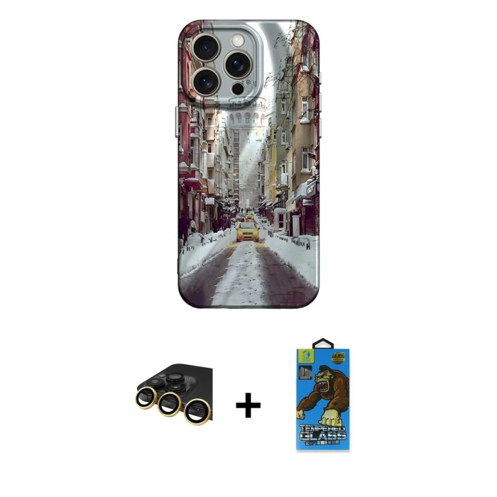 MARSİLYAN™- iPhone 14 Pro Kılıf Nova Doku Prime - Siyah 18D Cam Ekran Koruyucu + Raze Metal Kamera Lens - GD