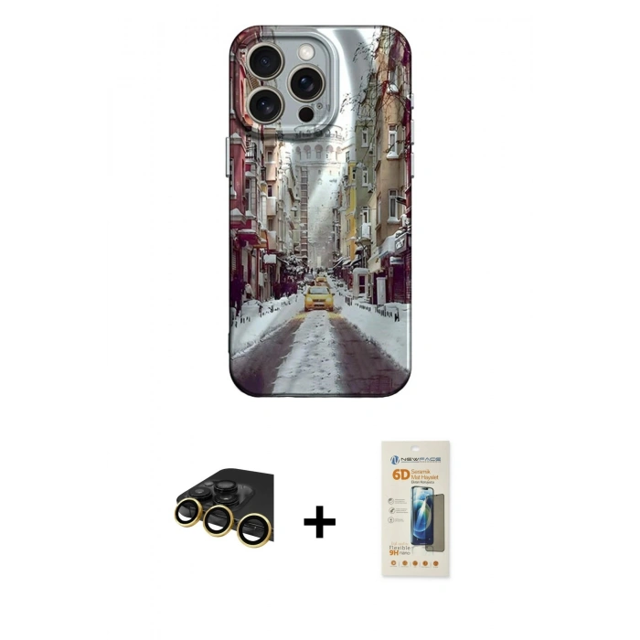MARSİLYAN™- iPhone 14 Pro Kılıf Nova Doku Prime - Siyah 6D Mat Seramik Hayalet Nano Ekran Koruyucu + Gold Raze Metal Kamera Lens