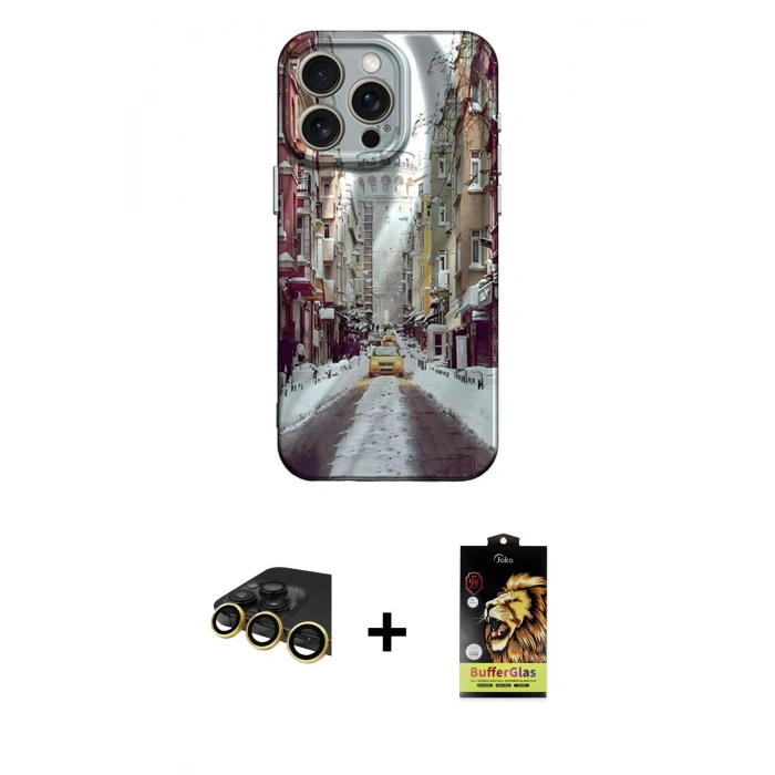 MARSİLYAN™- iPhone 14 Pro Kılıf Nova Doku Prime - Siyah Buffer Cam Ekran Koruyucu + Raze Metal Kamera Lens - GD