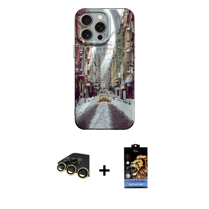 MARSİLYAN™- iPhone 14 Pro Kılıf Nova Doku Prime - Siyah Buffer Hayalet Cam Ekran Koruyucu + Raze Metal Kamera Lens - GD