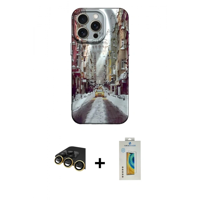 MARSİLYAN™- iPhone 14 Pro Kılıf Nova Doku Prime - Siyah Polymer Nano Ekran Koruyucu + Raze Metal Kamera Lens - GD