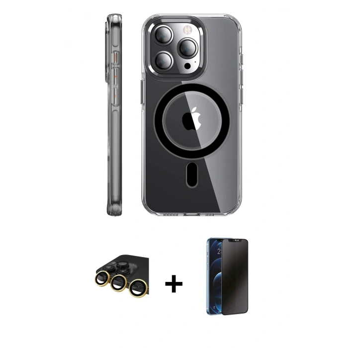 MARSİLYAN™- iPhone 14 Pro Kılıf Nova Doku - Siyah 3D Antistatik Hayalet Cam Ekran Koruyucu + Raze Metal Kamera Lens - GD