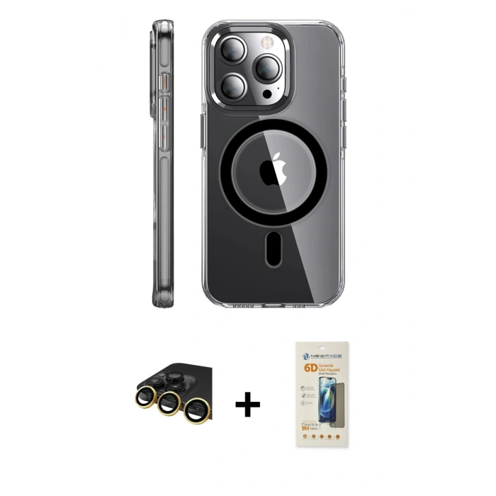 MARSİLYAN™- iPhone 14 Pro Kılıf Nova Doku - Siyah 6D Mat Seramik Hayalet Nano Ekran Koruyucu + Raze Metal Kamera Lens - GD