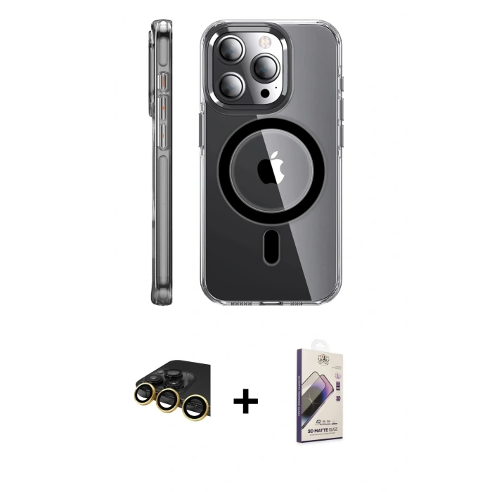 MARSİLYAN™- iPhone 14 Pro Kılıf Nova Doku - Siyah Bilvis 3D Mat Cam Ekran Koruyucu + Raze Metal Kamera Lens - GD