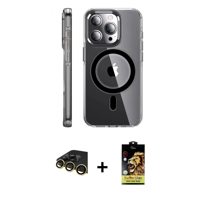 MARSİLYAN™- iPhone 14 Pro Kılıf Nova Doku - Siyah Buffer Cam Ekran Koruyucu + Raze Metal Kamera Lens - GD