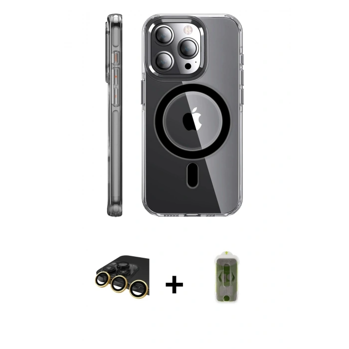 MARSİLYAN™- iPhone 14 Pro Kılıf Nova Doku - Siyah Joko Magic 5D Hayalet Cam + Raze Metal Kamera Lens - GD