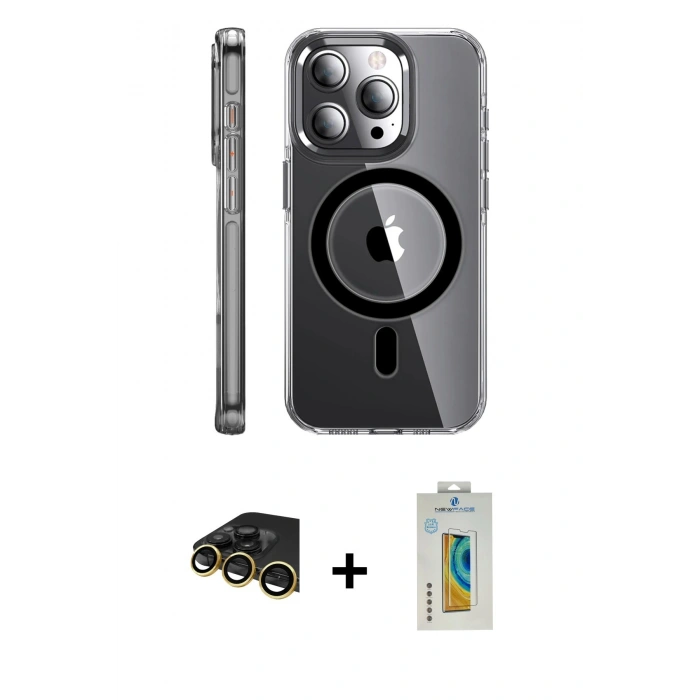 MARSİLYAN™- iPhone 14 Pro Kılıf Nova Doku - Siyah Polymer Nano Ekran Koruyucu + Raze Metal Kamera Lens - GD