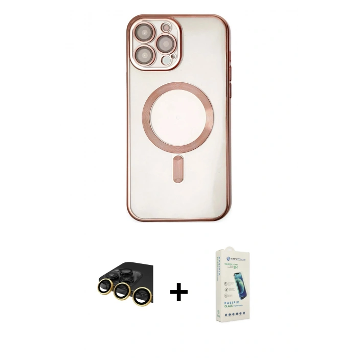 MARSİLYAN™- iPhone 14 Pro Kılıf Nova Işık Özel Seri - Şeffaf Pasifik Cam Ekran Koruyucu + Gold Raze Metal Kamera Lens