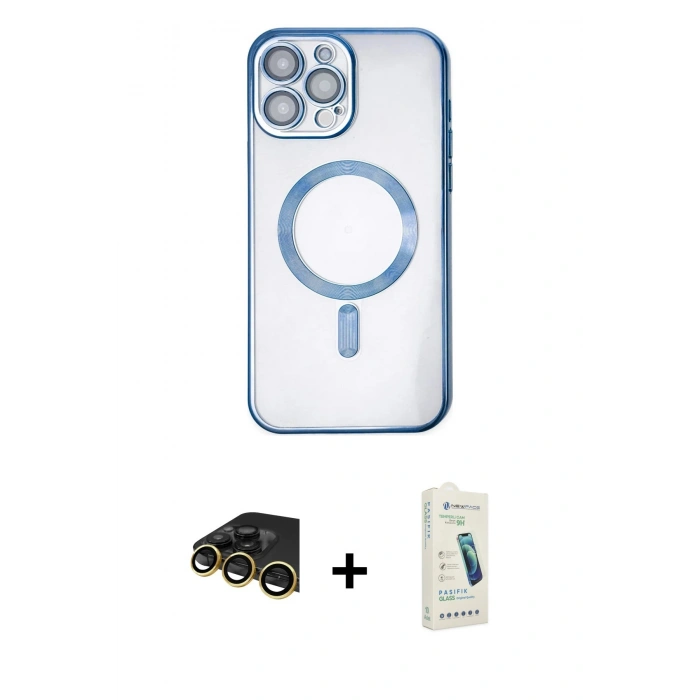 MARSİLYAN™- iPhone 14 Pro Kılıf Nova Işık Özel Seri - Şeffaf Pasifik Cam Ekran Koruyucu + Gold Raze Metal Kamera Lens