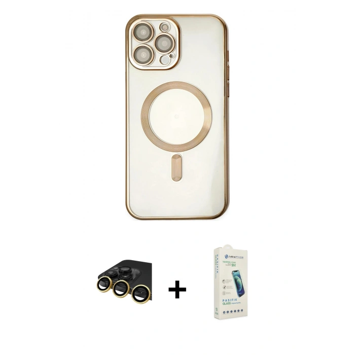 MARSİLYAN™- iPhone 14 Pro Kılıf Nova Işık Özel Seri - Şeffaf Pasifik Cam Ekran Koruyucu + Gold Raze Metal Kamera Lens