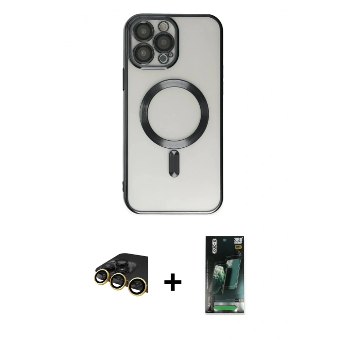 MARSİLYAN™- iPhone 14 Pro Kılıf Nova Işık Özel Seri - Siyah 360 Mat Full Body Arka Koruyucu + Raze Metal Kamera Lens - GD