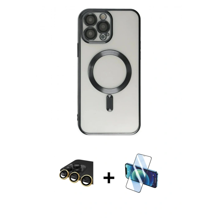 MARSİLYAN™- iPhone 14 Pro Kılıf Nova Işık Özel Seri - Siyah 3D Antistatik Cam Ekran Koruyucu + Raze Metal Kamera Lens - GD