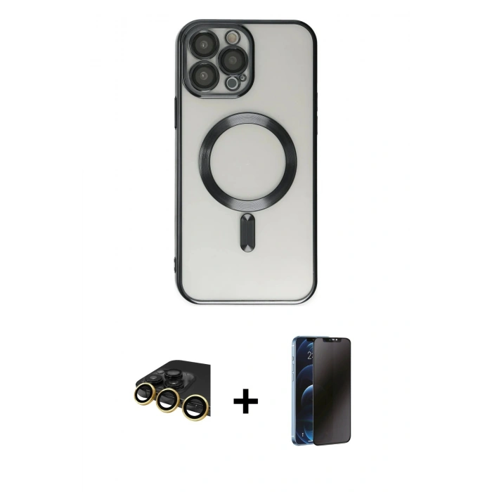 MARSİLYAN™- iPhone 14 Pro Kılıf Nova Işık Özel Seri - Siyah 3D Antistatik Hayalet Cam Ekran Koruyucu + Raze Metal Kamera Lens - GD