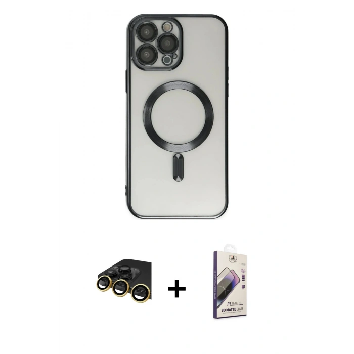 MARSİLYAN™- iPhone 14 Pro Kılıf Nova Işık Özel Seri - Siyah Bilvis 3D Mat Cam Ekran Koruyucu + Raze Metal Kamera Lens - GD