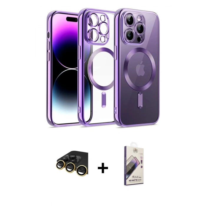 MARSİLYAN™- iPhone 14 Pro Kılıf Nova Işık Özel Seri - Siyah Bilvis 3D Mat Cam Ekran Koruyucu + Raze Metal Kamera Lens - GD