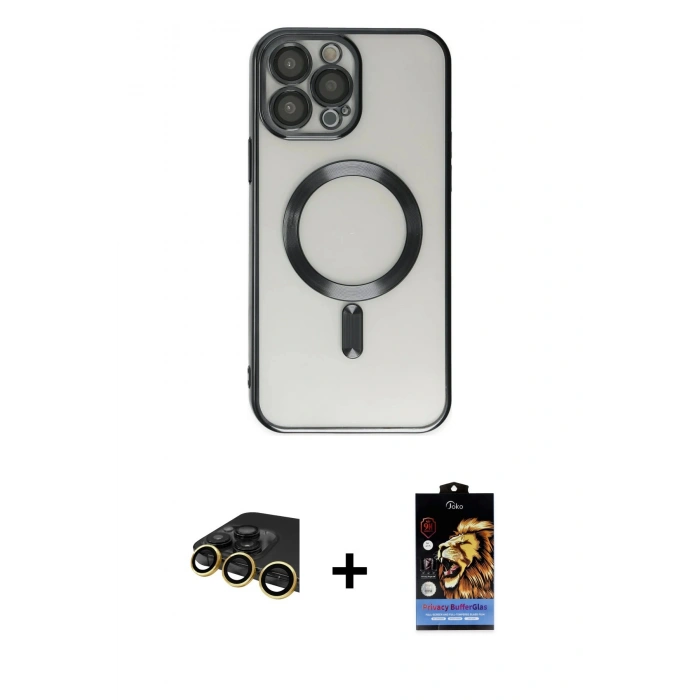 MARSİLYAN™- iPhone 14 Pro Kılıf Nova Işık Özel Seri - Siyah Buffer Hayalet Cam Ekran Koruyucu + Raze Metal Kamera Lens - GD
