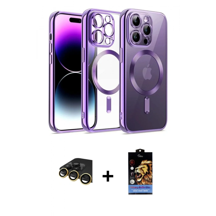 MARSİLYAN™- iPhone 14 Pro Kılıf Nova Işık Özel Seri - Siyah Buffer Hayalet Cam Ekran Koruyucu + Raze Metal Kamera Lens - GD