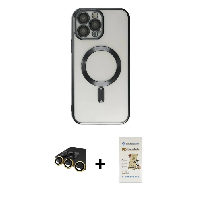 MARSİLYAN™- iPhone 14 Pro Kılıf Nova Işık Özel Seri - Siyah Mat Seramik Nano Ekran Koruyucu + Raze Metal Kamera Lens - GD