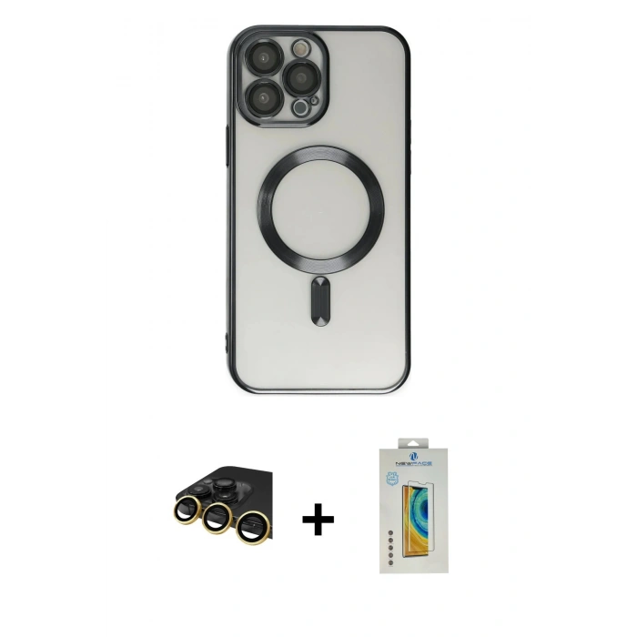 MARSİLYAN™- iPhone 14 Pro Kılıf Nova Işık Özel Seri - Siyah Polymer Nano Ekran Koruyucu + Raze Metal Kamera Lens - GD