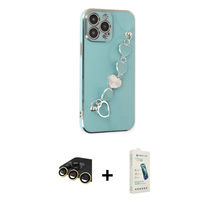 MARSİLYAN™- iPhone 14 Pro Kılıf Nova Işık Prime - Şeffaf Pasifik Cam Ekran Koruyucu + Gold Raze Metal Kamera Lens