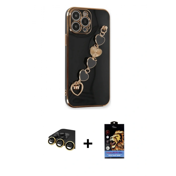 MARSİLYAN™- iPhone 14 Pro Kılıf Nova Işık Prime - Siyah Buffer Hayalet Cam Ekran Koruyucu + Gold Raze Metal Kamera Lens
