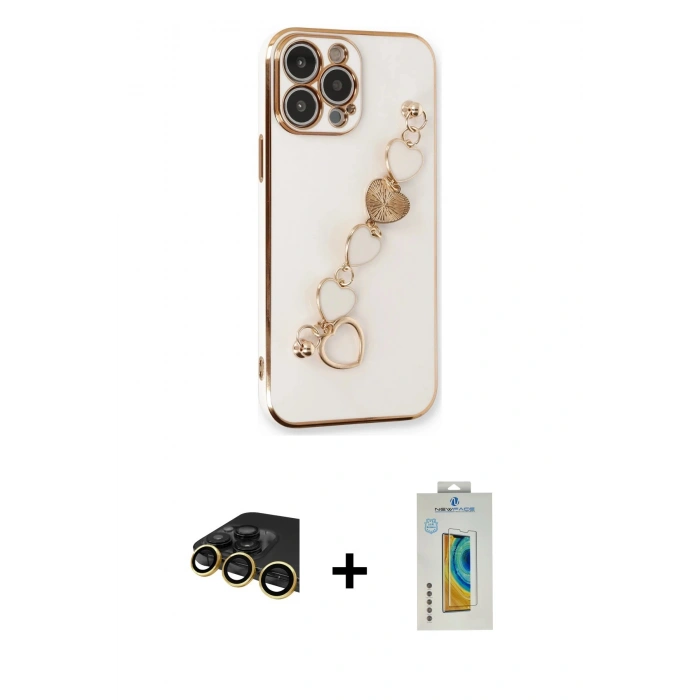 MARSİLYAN™- iPhone 14 Pro Kılıf Nova Işık Prime - Siyah Polymer Nano Ekran Koruyucu + Gold Raze Metal Kamera Lens