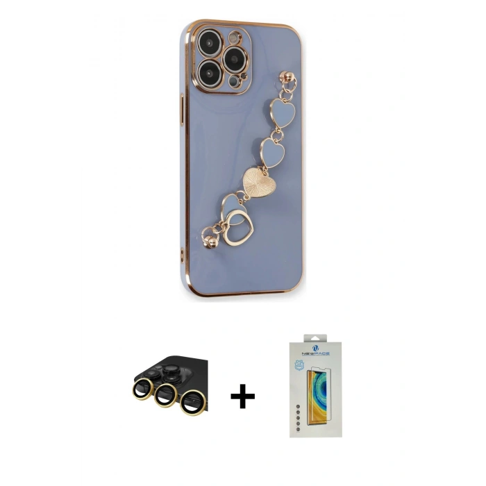 MARSİLYAN™- iPhone 14 Pro Kılıf Nova Işık Prime - Siyah Polymer Nano Ekran Koruyucu + Gold Raze Metal Kamera Lens