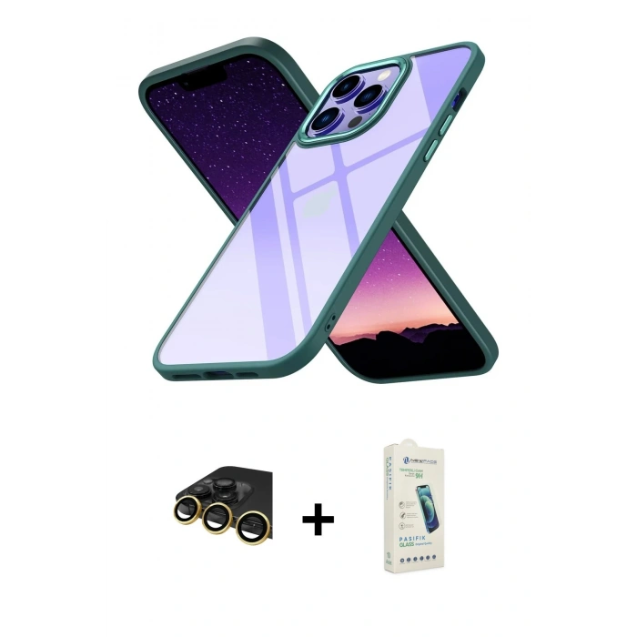 MARSİLYAN™- iPhone 14 Pro Kılıf Nova Işık Serisi - Şeffaf Pasifik Cam Ekran Koruyucu + Raze Metal Kamera Lens - GD